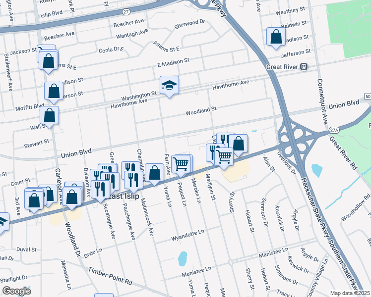 map of restaurants, bars, coffee shops, grocery stores, and more near 15 Viola Place in East Islip