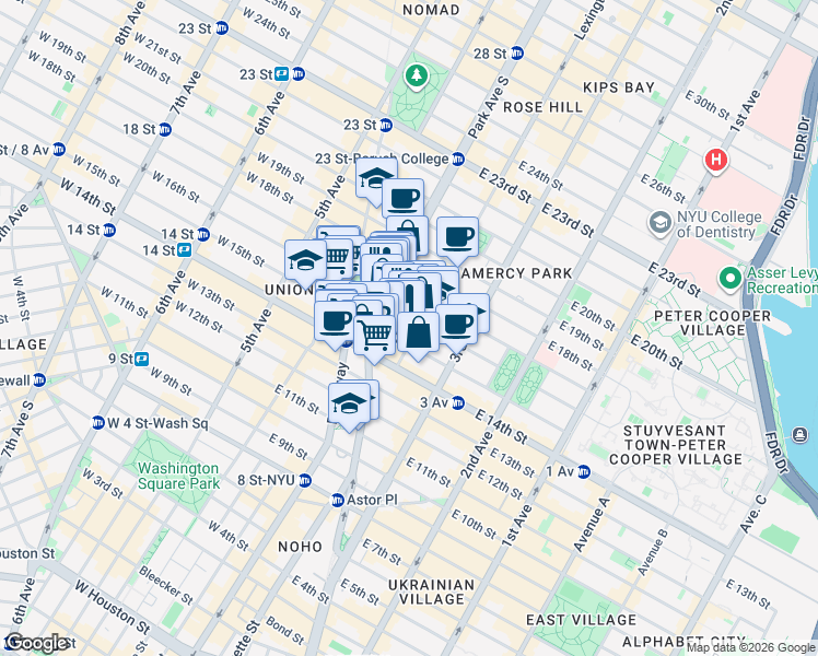 map of restaurants, bars, coffee shops, grocery stores, and more near 44-48 Union Square East in New York