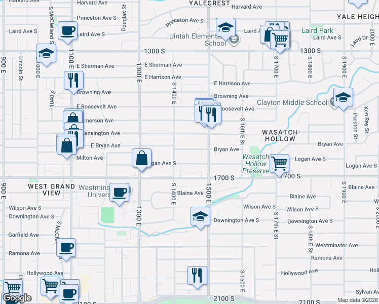 map of restaurants, bars, coffee shops, grocery stores, and more near 1440 East Bryan Avenue in Salt Lake City