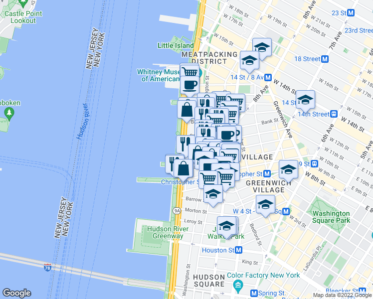 map of restaurants, bars, coffee shops, grocery stores, and more near 425 West Street in New York