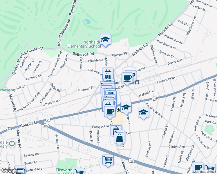 map of restaurants, bars, coffee shops, grocery stores, and more near 145 Main Street in Farmingdale