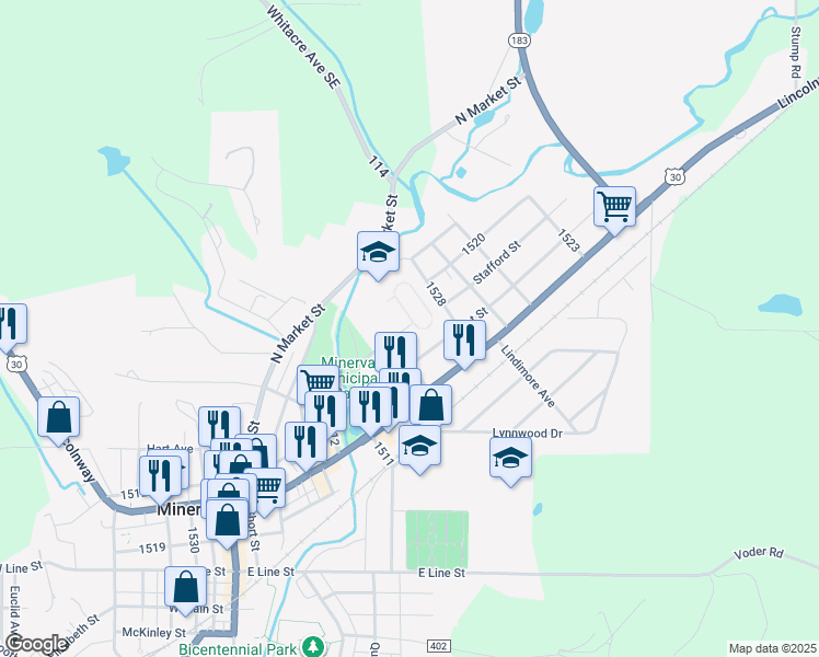 map of restaurants, bars, coffee shops, grocery stores, and more near 501 Almeda Avenue in Minerva