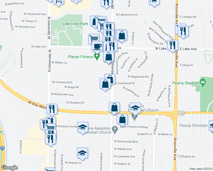map of restaurants, bars, coffee shops, grocery stores, and more near 715 West Ridge Road in Peoria