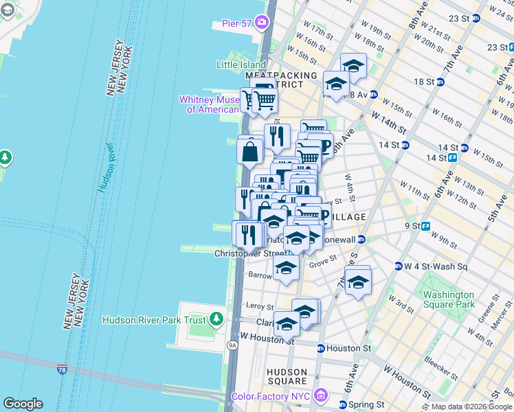 map of restaurants, bars, coffee shops, grocery stores, and more near 366 West 11th Street in New York