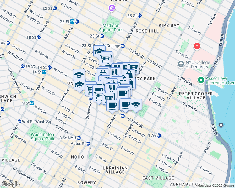 map of restaurants, bars, coffee shops, grocery stores, and more near 40 Irving Place in New York