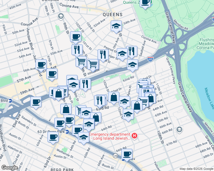 map of restaurants, bars, coffee shops, grocery stores, and more near 102-14 62nd Avenue in Queens
