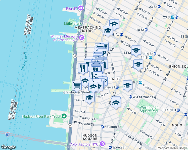 map of restaurants, bars, coffee shops, grocery stores, and more near 316 West 11th Street in New York