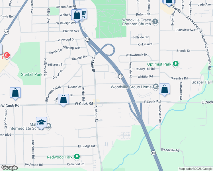 map of restaurants, bars, coffee shops, grocery stores, and more near 39 Malone Road in Mansfield