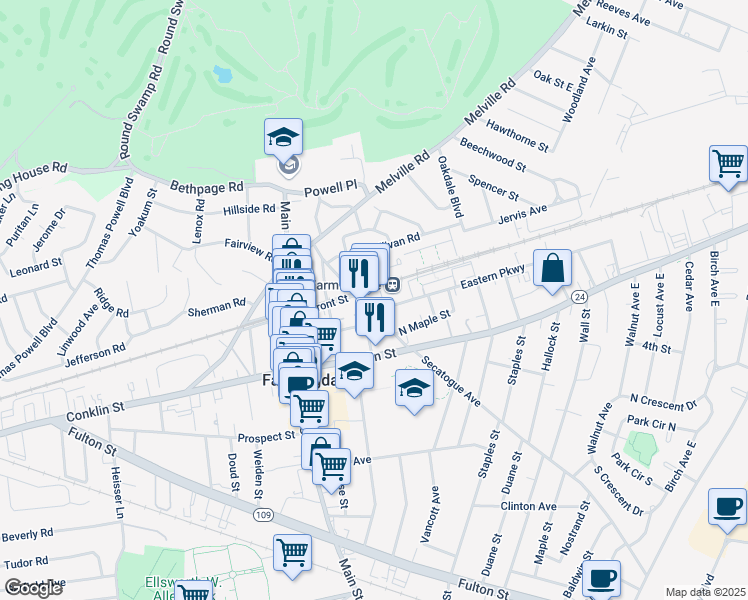 map of restaurants, bars, coffee shops, grocery stores, and more near 120 Secatogue Avenue in Farmingdale