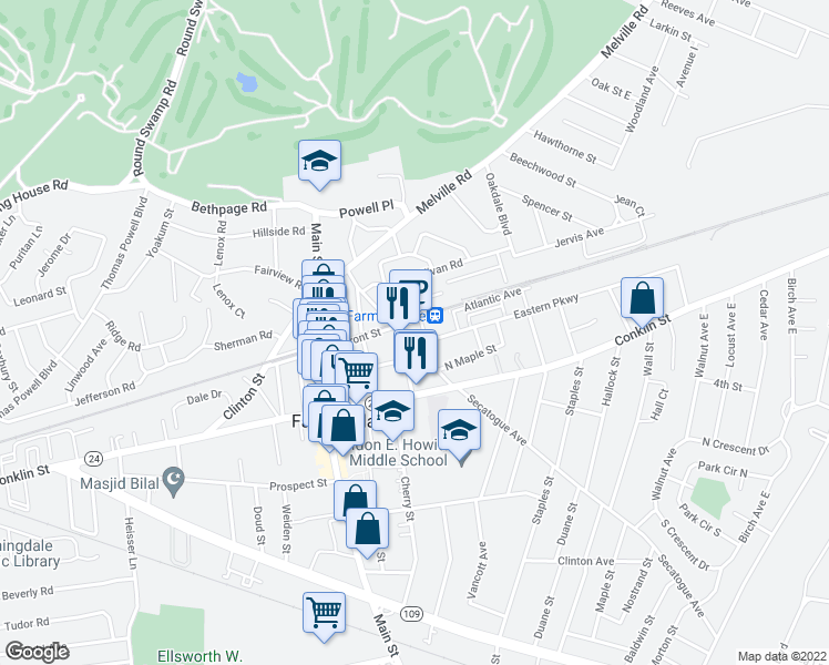 map of restaurants, bars, coffee shops, grocery stores, and more near 120 Secatogue Avenue in Farmingdale