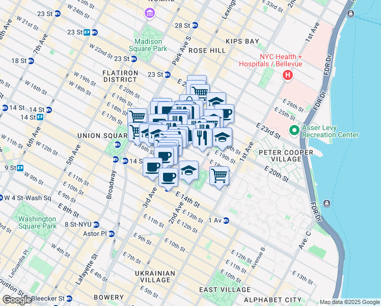 map of restaurants, bars, coffee shops, grocery stores, and more near 220 East 18th Street in New York