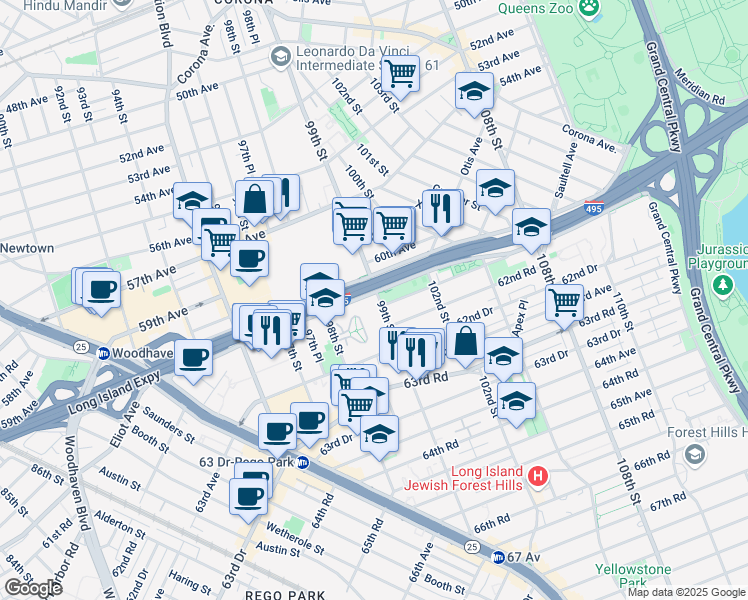 map of restaurants, bars, coffee shops, grocery stores, and more near 98-56 Horace Harding Expressway in Queens