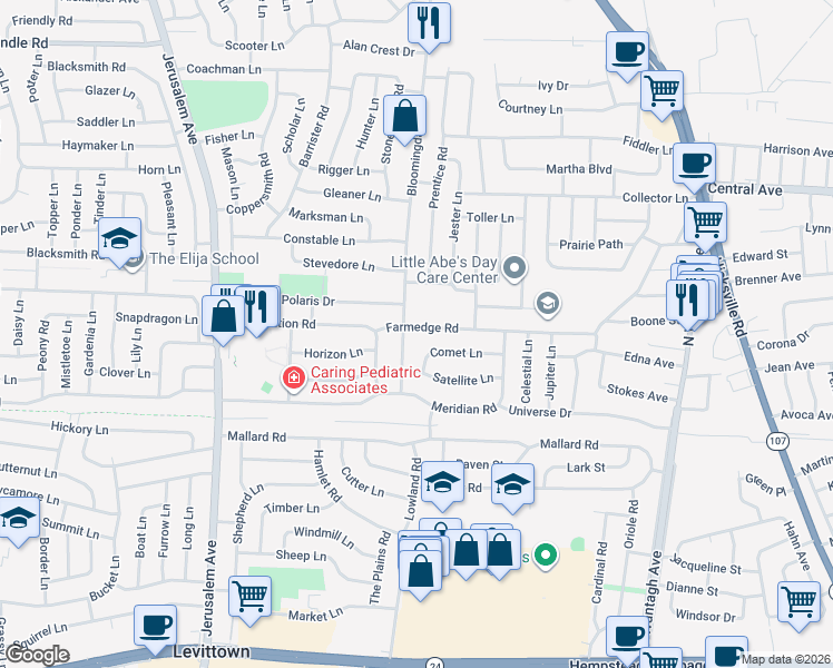map of restaurants, bars, coffee shops, grocery stores, and more near 138 Farmedge Road in Levittown