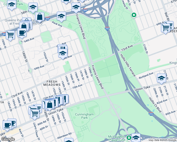 map of restaurants, bars, coffee shops, grocery stores, and more near 73-20 199th Street in Queens