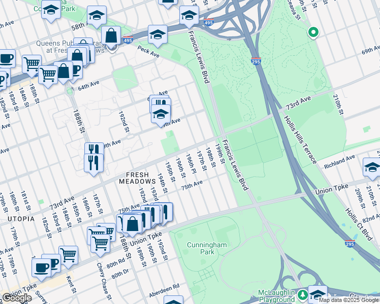 map of restaurants, bars, coffee shops, grocery stores, and more near 196-63 73rd Avenue in Queens