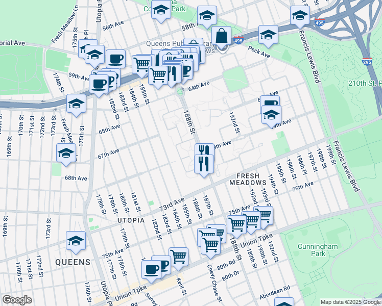 map of restaurants, bars, coffee shops, grocery stores, and more near 64-05 186th Ln in Queens