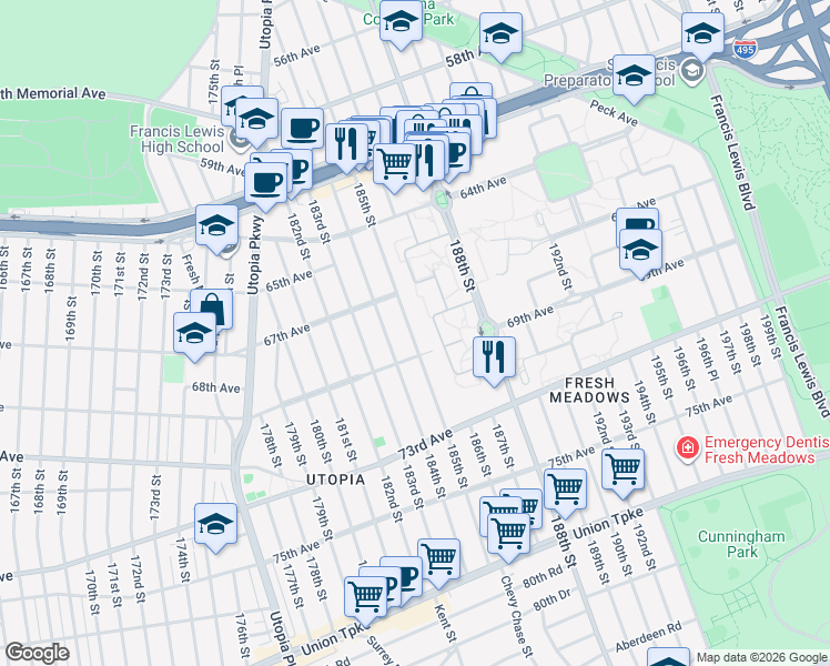 map of restaurants, bars, coffee shops, grocery stores, and more near 67-36A 186th Lane in Queens