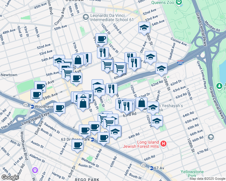map of restaurants, bars, coffee shops, grocery stores, and more near 98-56 Horace Harding Expressway in Queens