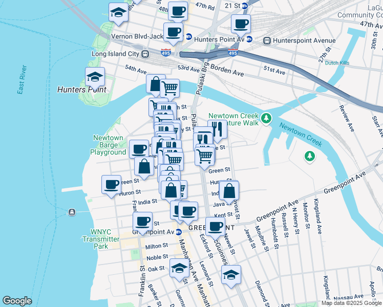 map of restaurants, bars, coffee shops, grocery stores, and more near 187 Eagle Street in Brooklyn