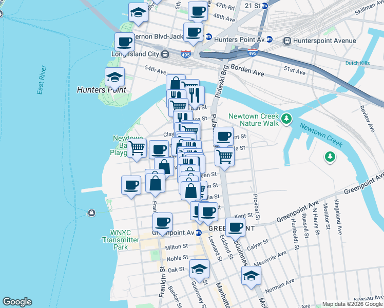 map of restaurants, bars, coffee shops, grocery stores, and more near 153 Eagle Street in Brooklyn