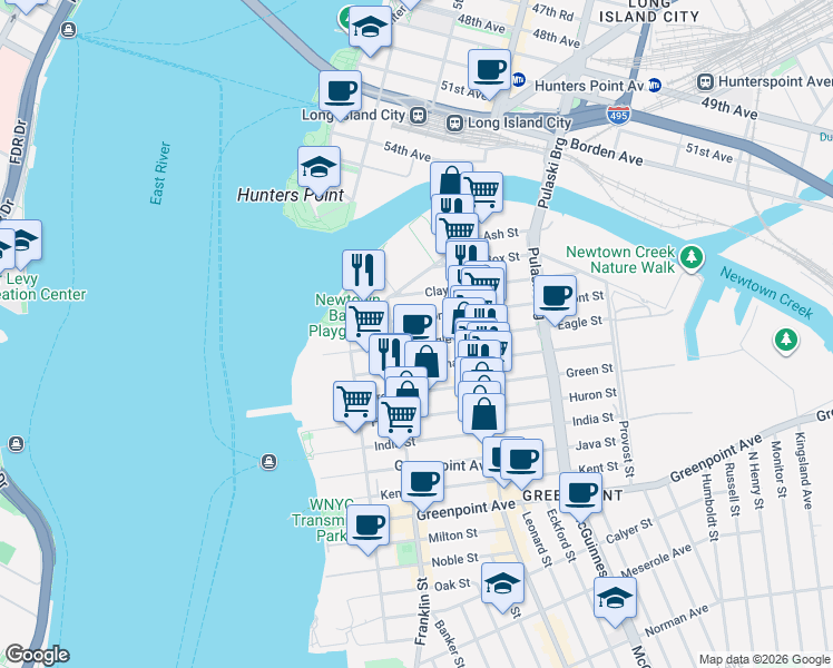 map of restaurants, bars, coffee shops, grocery stores, and more near 66 Dupont Street in Brooklyn
