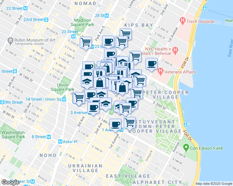 map of restaurants, bars, coffee shops, grocery stores, and more near in New York