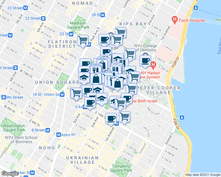 map of restaurants, bars, coffee shops, grocery stores, and more near 345 2nd Avenue in New York