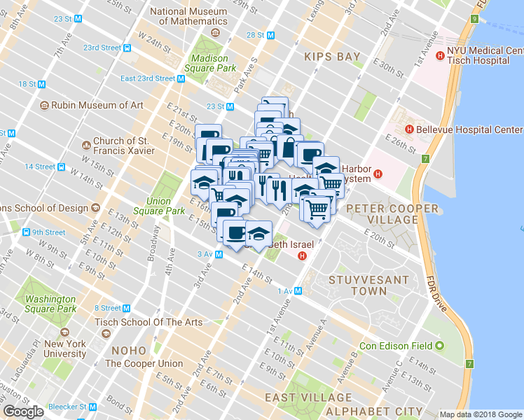 map of restaurants, bars, coffee shops, grocery stores, and more near 211 East 18th Street in New York
