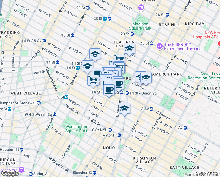 map of restaurants, bars, coffee shops, grocery stores, and more near 19 Union Square West in New York