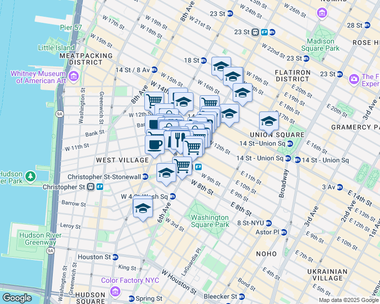 map of restaurants, bars, coffee shops, grocery stores, and more near 126 West 11th Street in New York