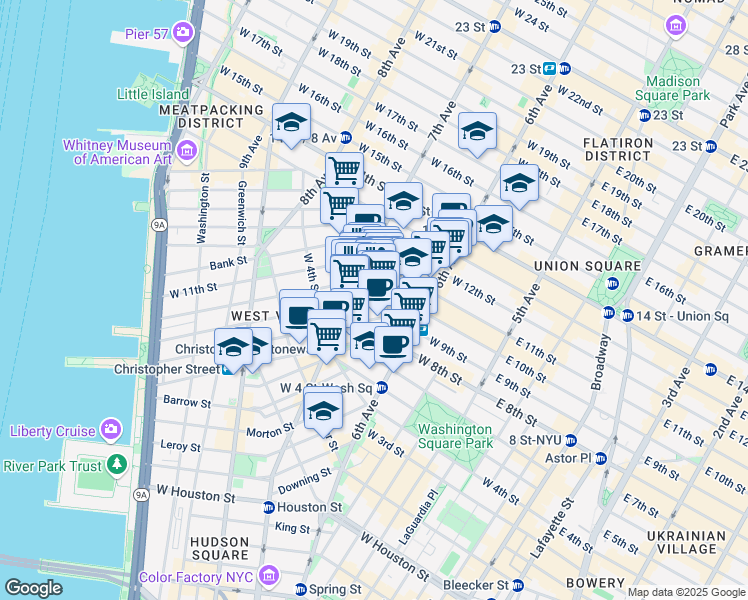map of restaurants, bars, coffee shops, grocery stores, and more near 70 Greenwich Avenue in New York