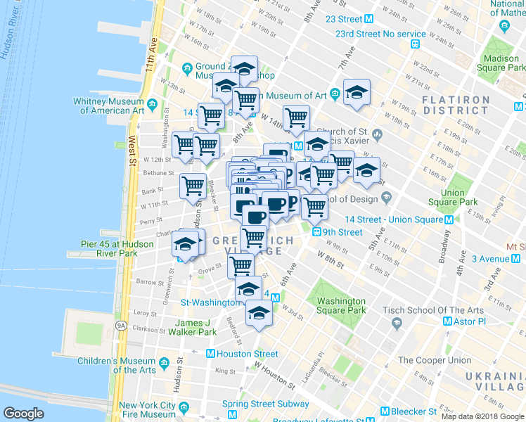 map of restaurants, bars, coffee shops, grocery stores, and more near in New York