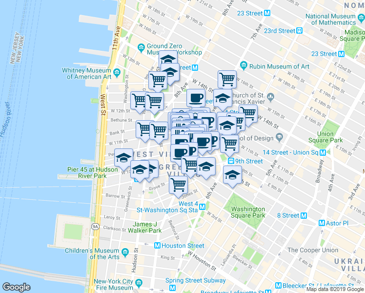 map of restaurants, bars, coffee shops, grocery stores, and more near 64 Charles Street in New York