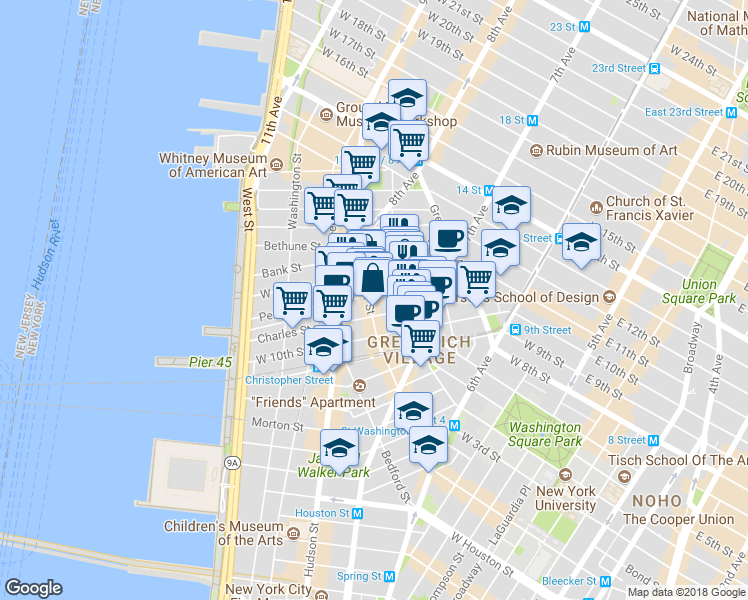 map of restaurants, bars, coffee shops, grocery stores, and more near in New York