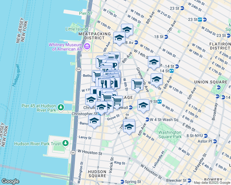 map of restaurants, bars, coffee shops, grocery stores, and more near 519 Hudson Street in New York