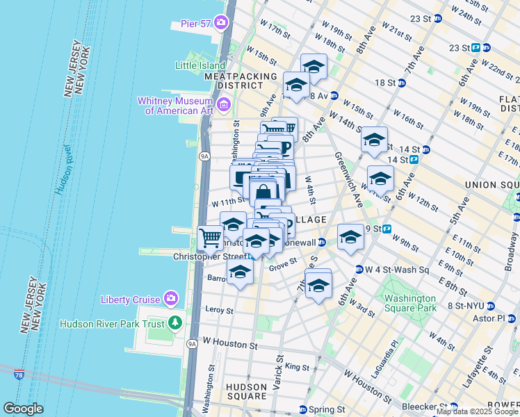 map of restaurants, bars, coffee shops, grocery stores, and more near 316 West 11th Street in New York