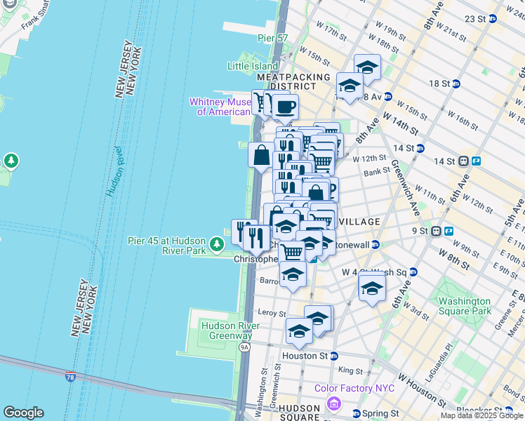 map of restaurants, bars, coffee shops, grocery stores, and more near 377 West 11th Street in New York