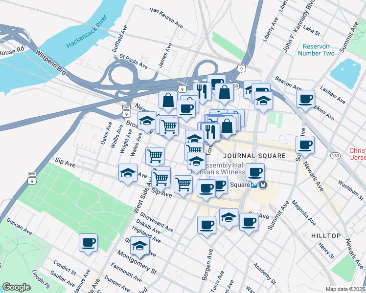map of restaurants, bars, coffee shops, grocery stores, and more near 53 Broadway in Jersey City