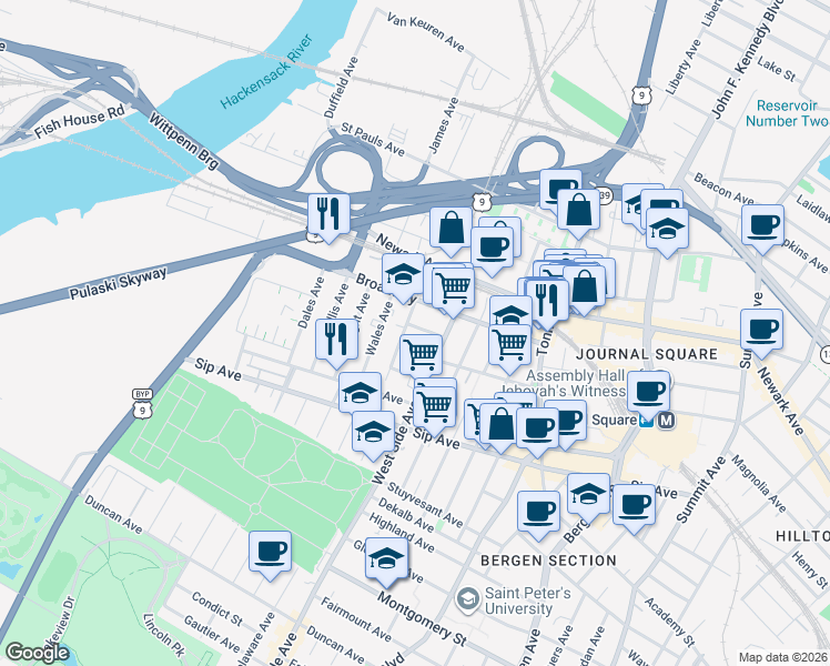 map of restaurants, bars, coffee shops, grocery stores, and more near 16 Marion Place in Jersey City