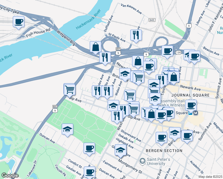 map of restaurants, bars, coffee shops, grocery stores, and more near 49 Wright Avenue in Jersey City