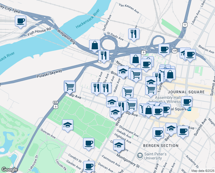 map of restaurants, bars, coffee shops, grocery stores, and more near 49 Wright Avenue in Jersey City
