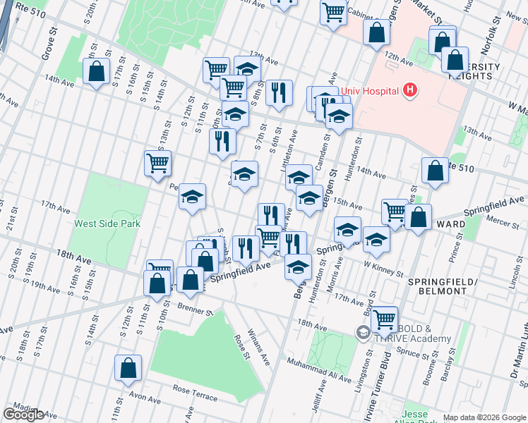 map of restaurants, bars, coffee shops, grocery stores, and more near 324 Littleton Avenue in Newark
