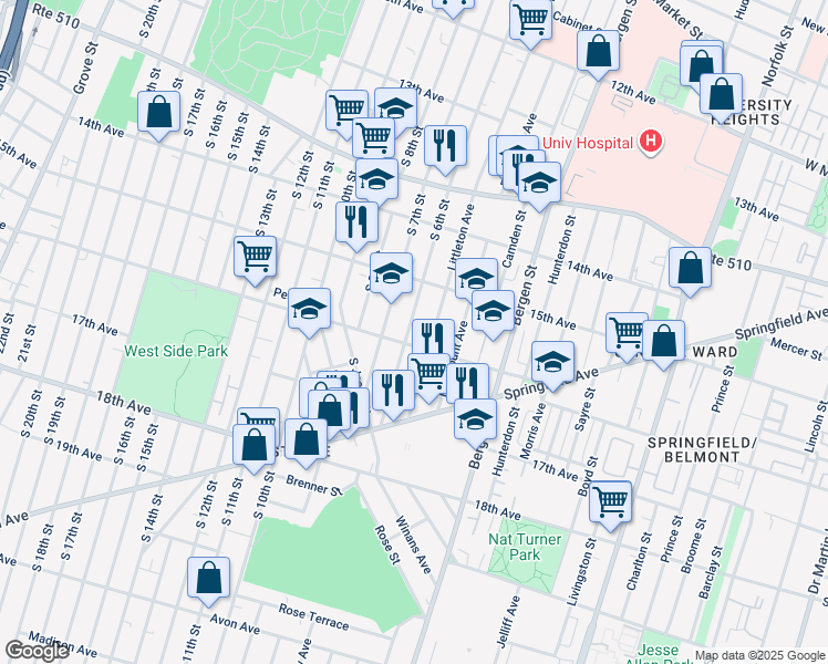 map of restaurants, bars, coffee shops, grocery stores, and more near 370-380 South 7th Street in Newark
