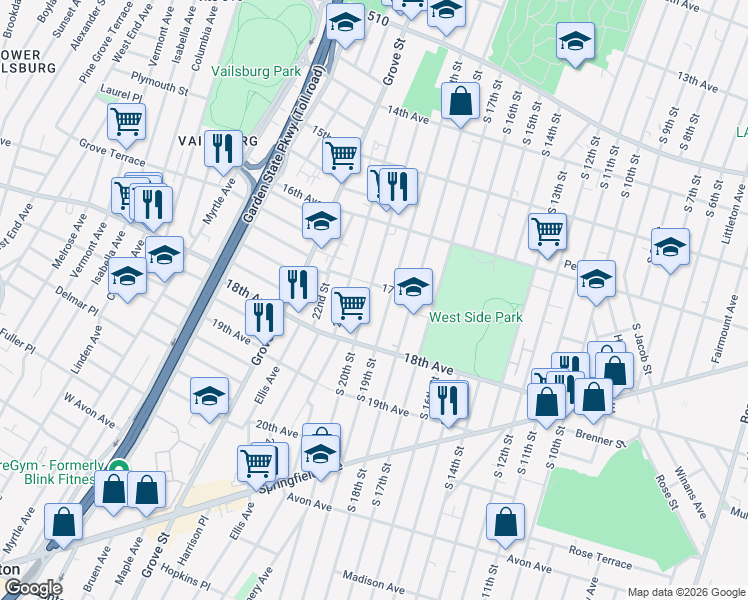 map of restaurants, bars, coffee shops, grocery stores, and more near 617 South 20th Street in Newark