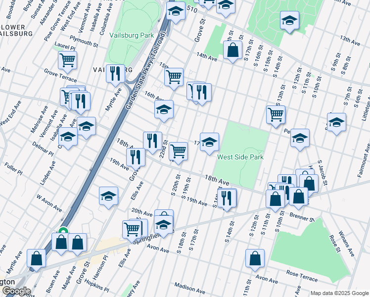 map of restaurants, bars, coffee shops, grocery stores, and more near 617 South 20th Street in Newark
