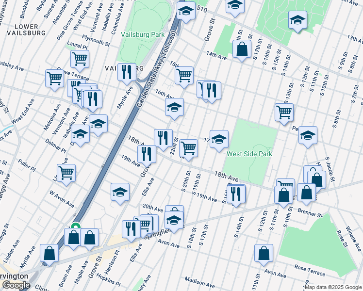 map of restaurants, bars, coffee shops, grocery stores, and more near 202 22nd Street in Irvington