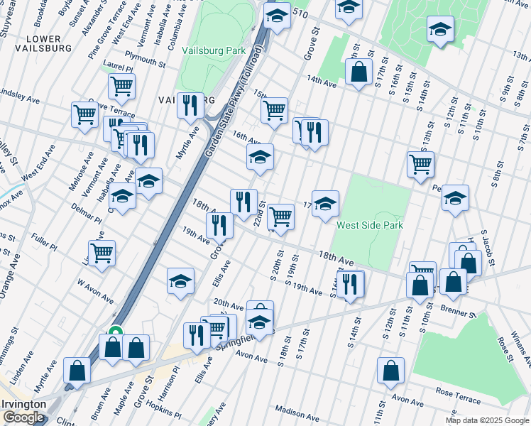 map of restaurants, bars, coffee shops, grocery stores, and more near 202 22nd Street in Irvington