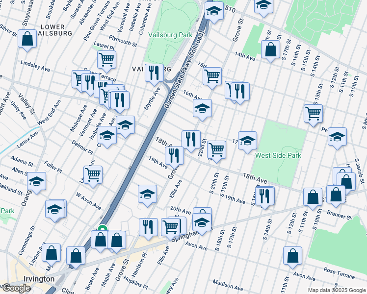map of restaurants, bars, coffee shops, grocery stores, and more near 648 Grove Street in Irvington