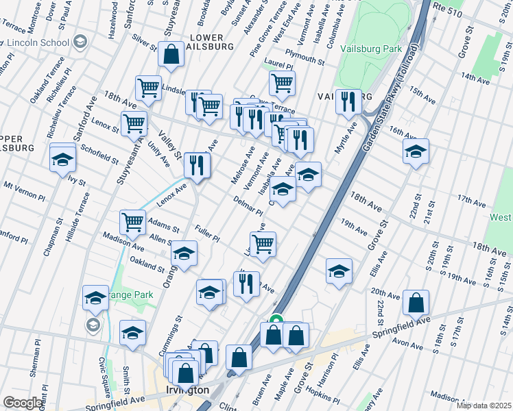 map of restaurants, bars, coffee shops, grocery stores, and more near 283 Isabella Avenue in Irvington