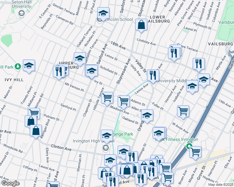 map of restaurants, bars, coffee shops, grocery stores, and more near 327 Stuyvesant Avenue in Newark